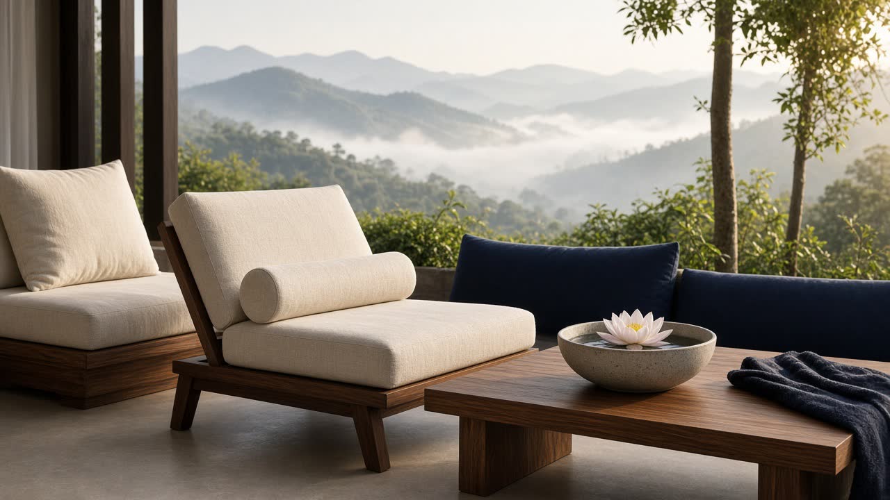 Terrace chairs facing misted hills, a lotus in a bowl of water